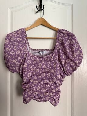 Celebrity Pink Purple Floral Ruched Puff Sleeve Crop Top Size Large